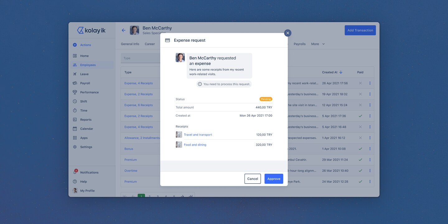 Kolay is an ecosystem of HR solutions, including modules for Employee, Expense, Leave, Performance, and Shift Management, available on both web and mobile applications.