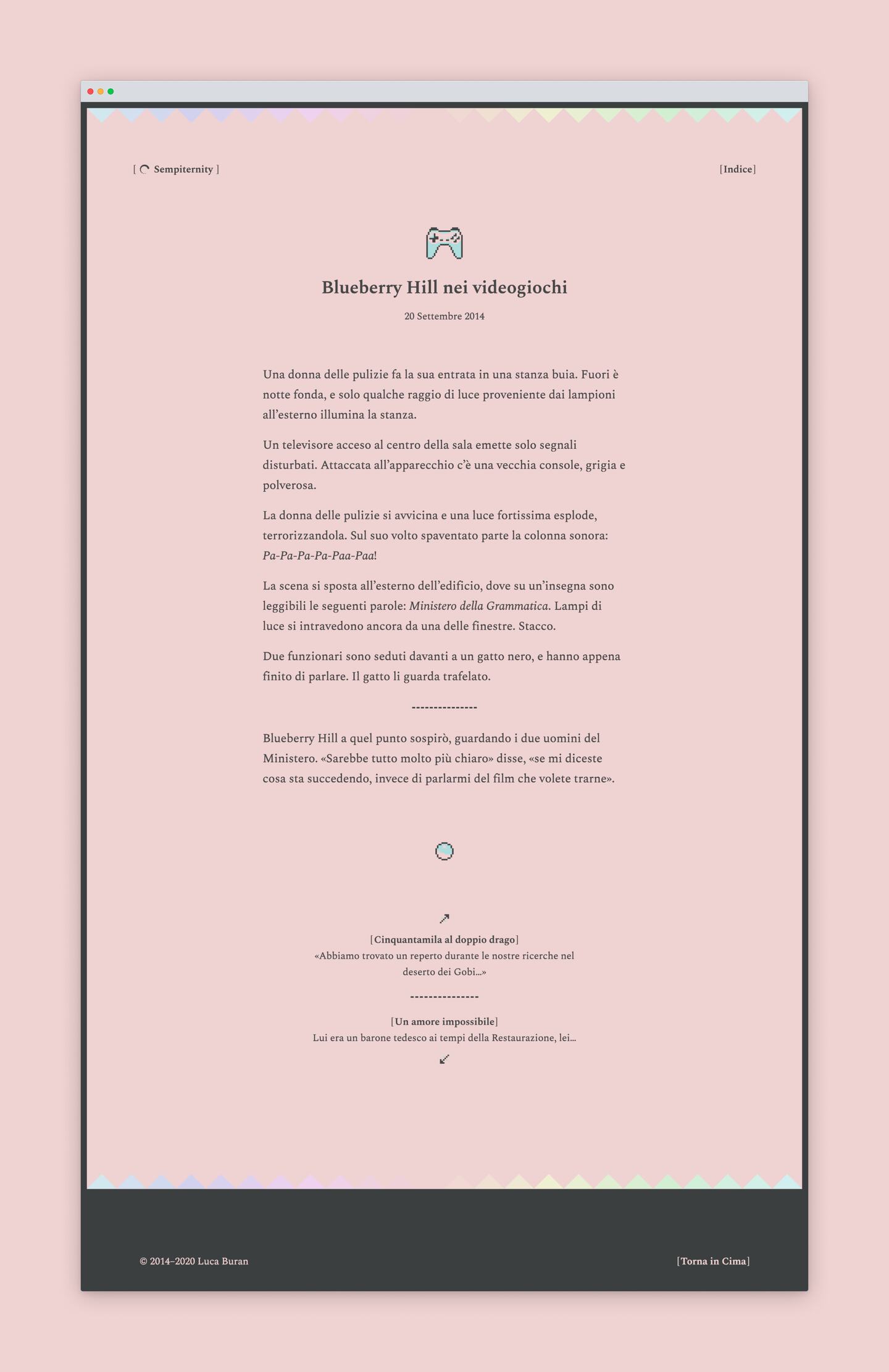 A screenshot of Sempiternity, a site/collection of witty short stories.