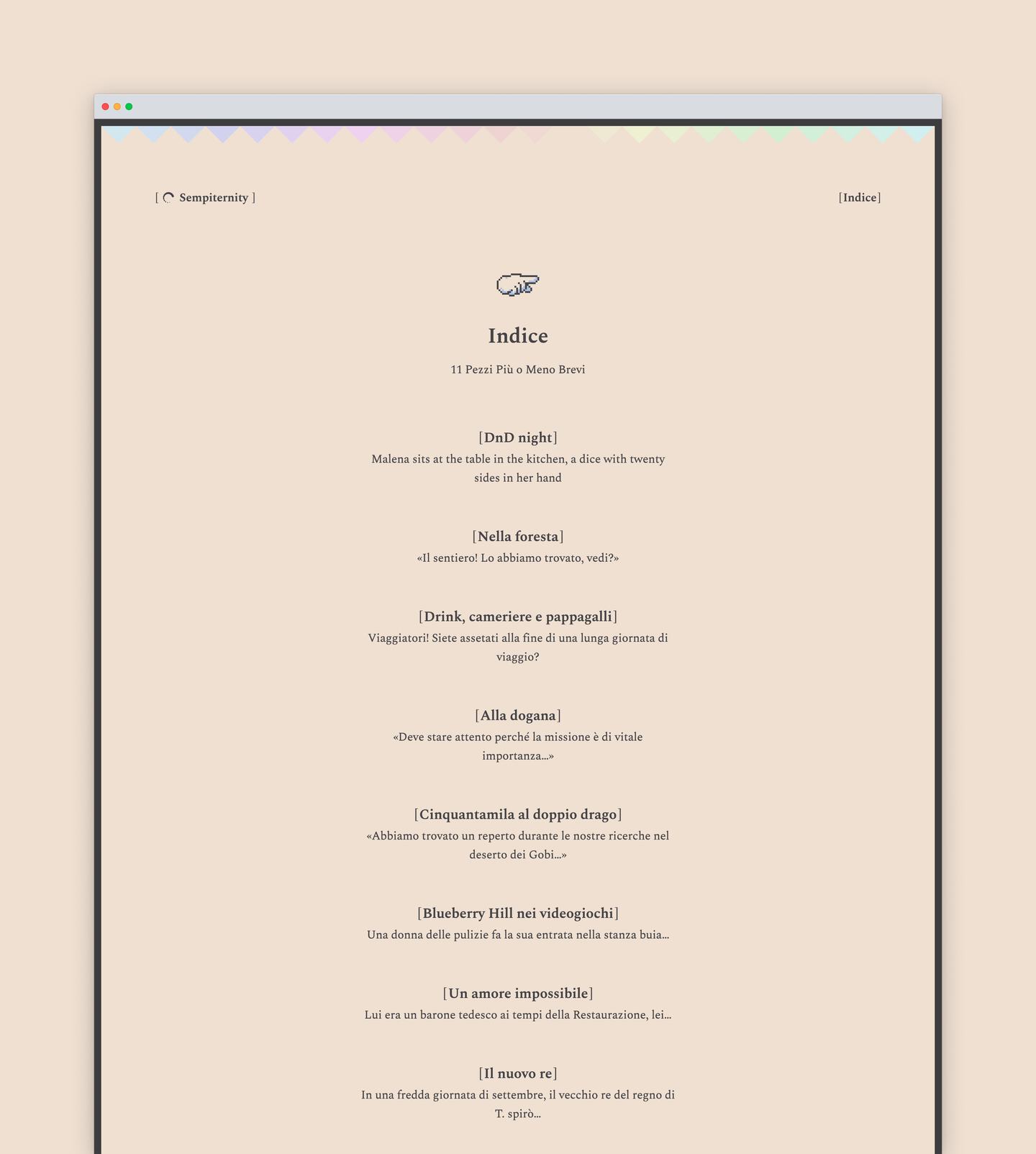 A screenshot of Sempiternity, a site/collection of witty short stories.